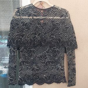Zara Black and White Lace Ruffled Long Sleeve Blouse